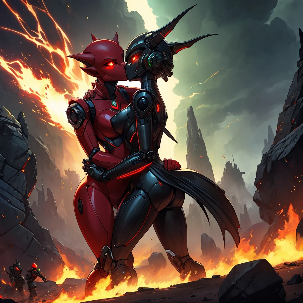 Female, kissing, hugging, loving, green black red, furry, anthro, kobold, android, metallic, robotic, shiny, no clothes, small breasts, thin body, curved thighs, standing, battlefield, holding blaster gun, demonic, glowing eyes, explosions, fires, lightning, debri, science fiction, scifi, high quality, mastpiece, war, fighting, sexy, detailed,