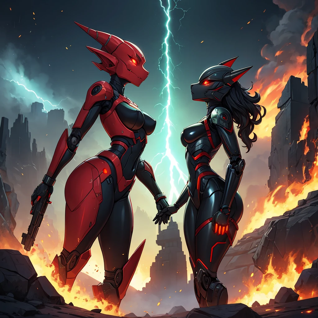 Female, kissing, hugging, loving, green black red, furry, anthro, kobold, android, metallic, robotic, shiny, no clothes, small breasts, thin body, curved thighs, standing, battlefield, holding blaster gun, demonic, glowing eyes, explosions, fires, lightning, debri, science fiction, scifi, high quality, mastpiece, war, fighting, sexy, detailed,
