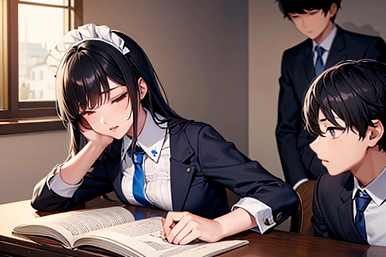masterpiece, best quality, high quality, 1boy and 1 girl, boy, , school uniform, trousers, (blue tie:1.2), closed eyes, (hairstyle: straight), (black hair:1.2), middle hair, hair over one eye, sleeping at the desk BREAK girl, (neko, maid:1.2), cat years, long brown hair, (grey eyes:1.1), sitting at desk in front of boy, (frome side:1.2)