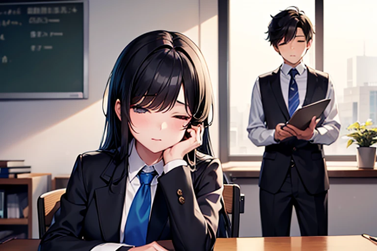 masterpiece, best quality, high quality, 1boy and 1 girl, boy, middle school student, school uniform, trousers, (blue tie:1.2), closed eyes, (hairstyle: straight), (black hair:1.2), middle hair, hair over one eye, sleeping at the desk BREAK girl, (neko, maid:1.2), cat years, long brown hair, (grey eyes:1.1), sitting at desk in front of boy, (frome side:1.2)