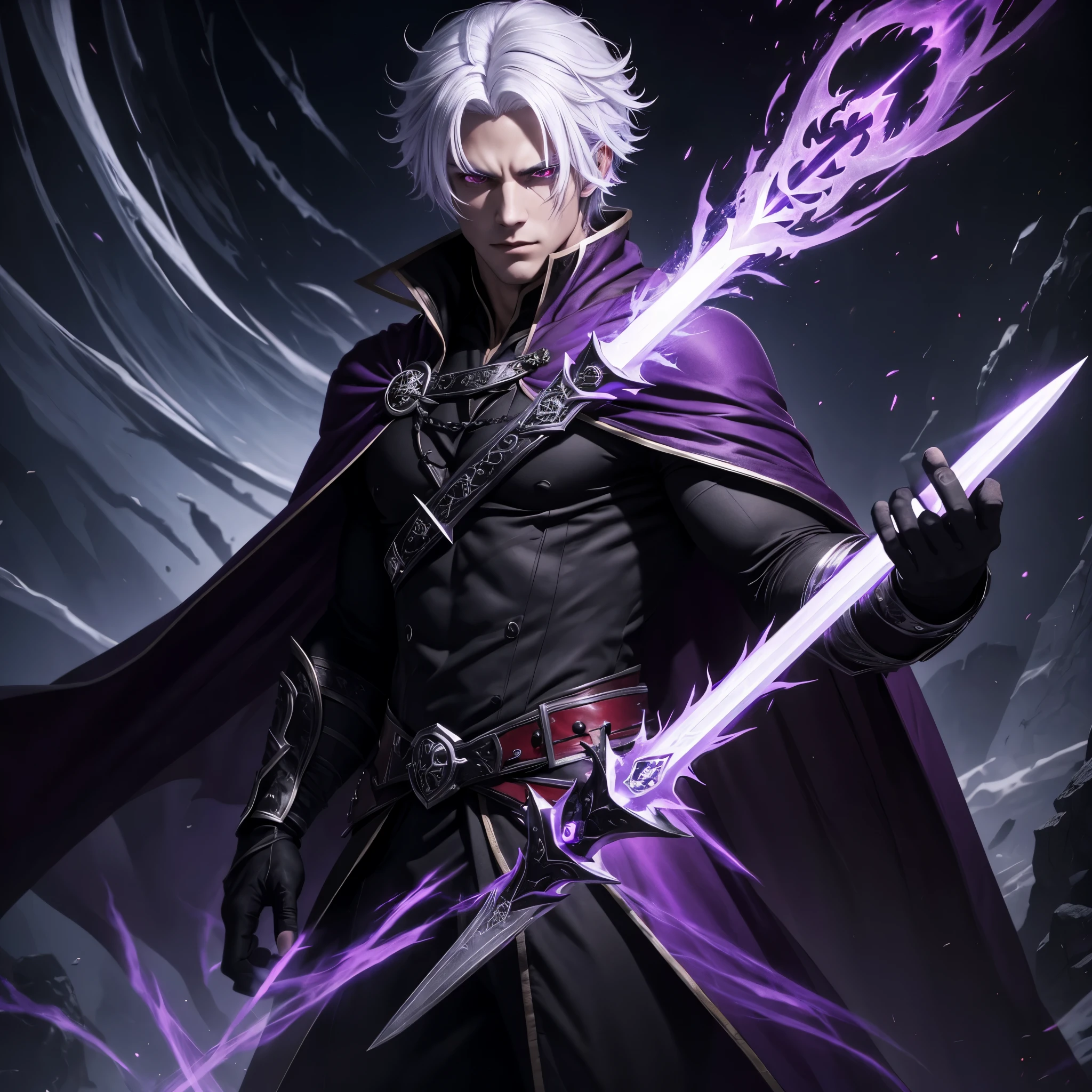 white hair, red eyes, handsome, muscular, young, robe, black cape, purple aura, gloves, purple and black aura in hand, daggers in hand