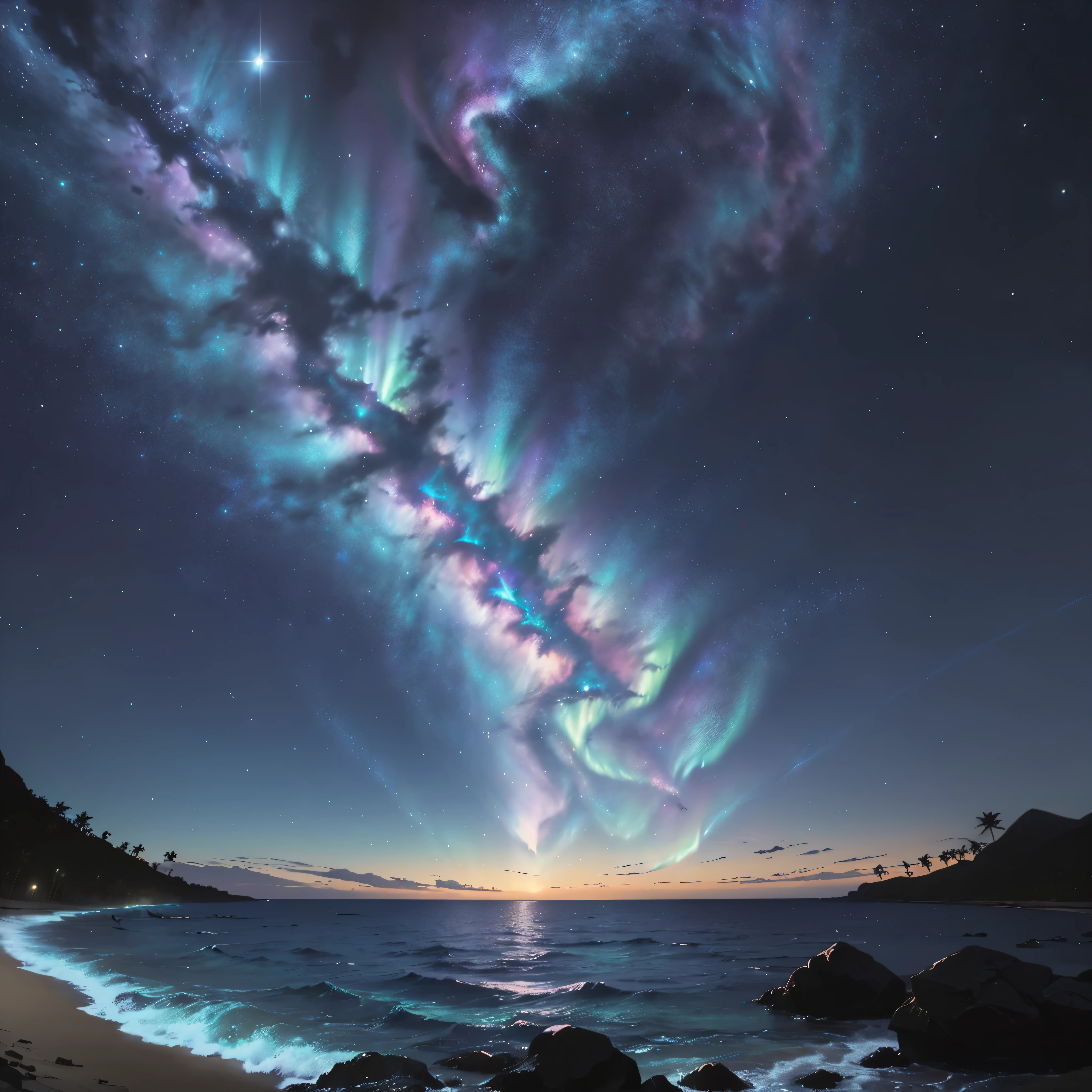 (La mejor calidad,4k,8k,Altas Resoluciones,Obra maestra:1.2),Ultra detallado,realista, HDR, Una vista elemental de una noche de verano desde la playa. , capturando las maravillas del universo con asombro, a symphony of colors painting the night sky, una aurora encantadora bailando arriba, infinitas galaxias esparcidas por el lienzo, estrellas brillantes formando constelaciones, The ethereal glow of a nebula illuminates the darkness., cosmic dust swirl creating celestial art, Planetas impresionantes con detalles intrincados., a moon casting a romantic glow over the quiet beach, olas suaves que reflejan la luz de la luna, un toque de brisa de verano acariciando las palmeras, conchas luminosas esparcidas sobre la arena dorada, gaviotas en vuelo elegante, vibrant capturing the essence of this magical night, escenas surrealistas que se desarrollan con cada trazo, an invitation to explore the mysteries of the cosmos, una oda a la belleza del universo.