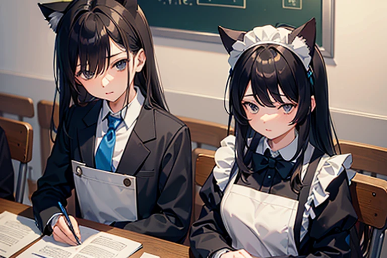 masterpiece, best quality, high quality, 1boy and 1 girl, boy, middle school student, school uniform, trousers, (blue tie:1.2), closed eyes, (hairstyle: straight), (black hair:1.2), middle hair, hair over one eye, sleeping at the desk BREAK girl, (neko, maid:1.2), cat years, long brown hair, (grey eyes:1.1), sitting at desk in front of boy, (frome side:1.2)