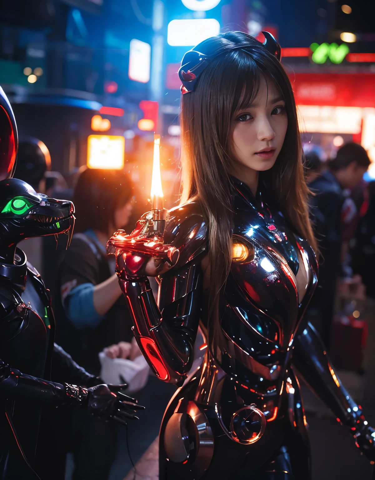 (Skimpy mechanical girl and alien background)、(Mystical expression)、top-quality、masterpiece、超A high resolution、(Photorealsitic:1.4)、Raw photo、女の子1人、glowy skin、(((1 Mechanical Girl)))、(red metalボディスーツ)、(Natural alien background to fight aliens)、(Small LED)、((super realistic details))、vertical giant monster background),globalillumination、Shadow、octan render、8K、ultrasharp、机器人の背景、Colossal tits、Raw skin exposed in the cleavage、red metal、Details of complex ornaments、Japan details、highly intricate detail、Realistic light、(Mystical expression),CG Society Trenlow Eyes、Eyes shining towards the camera、Mechanical marginal blood vessels connected to neon detail tubes)、(Wires and cables connecting to the head)、Small LED、,Mechanical thighs、Toostock、(Hands are also made of machines)、机器人、future alien、Please wear a mechanical helmet、