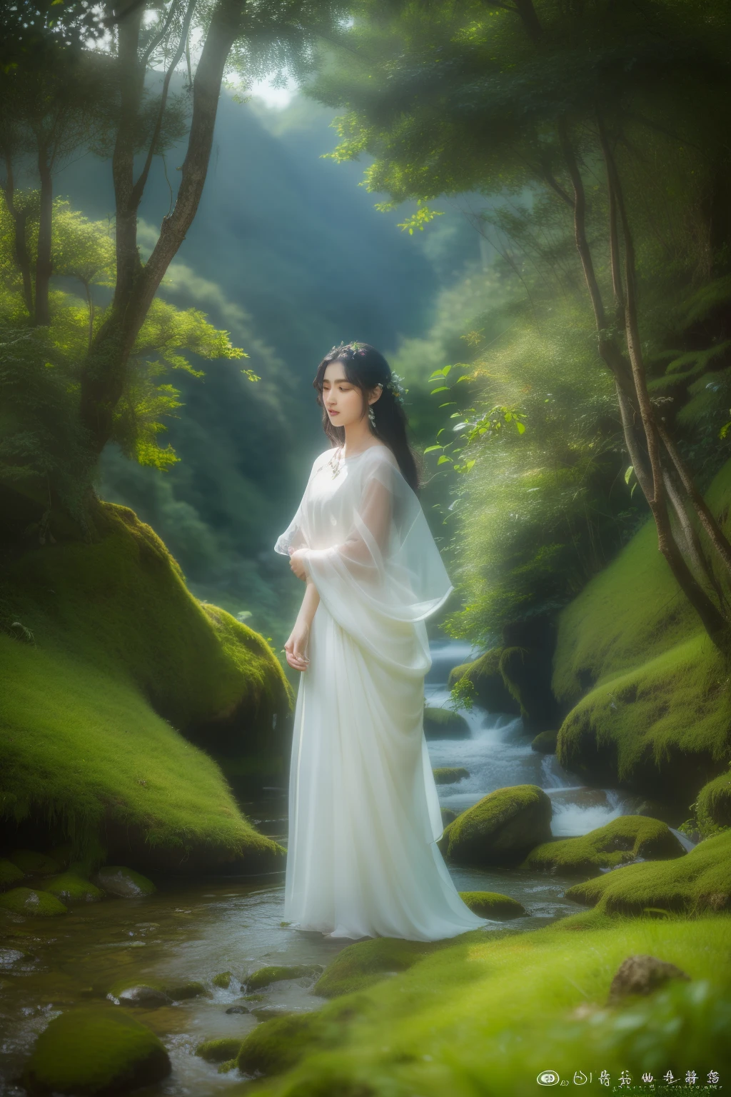 (​masterpiece、high-level image quality、hightquality)、(Mystical scene:1.5、nature&#39;s hymn:1.4、the woodajestic mountain,mountain stream)、femele、modeled、Good looks、Perfect、sad、Black hair swaying in the wind、transparent silk garment、suns、wild bird、