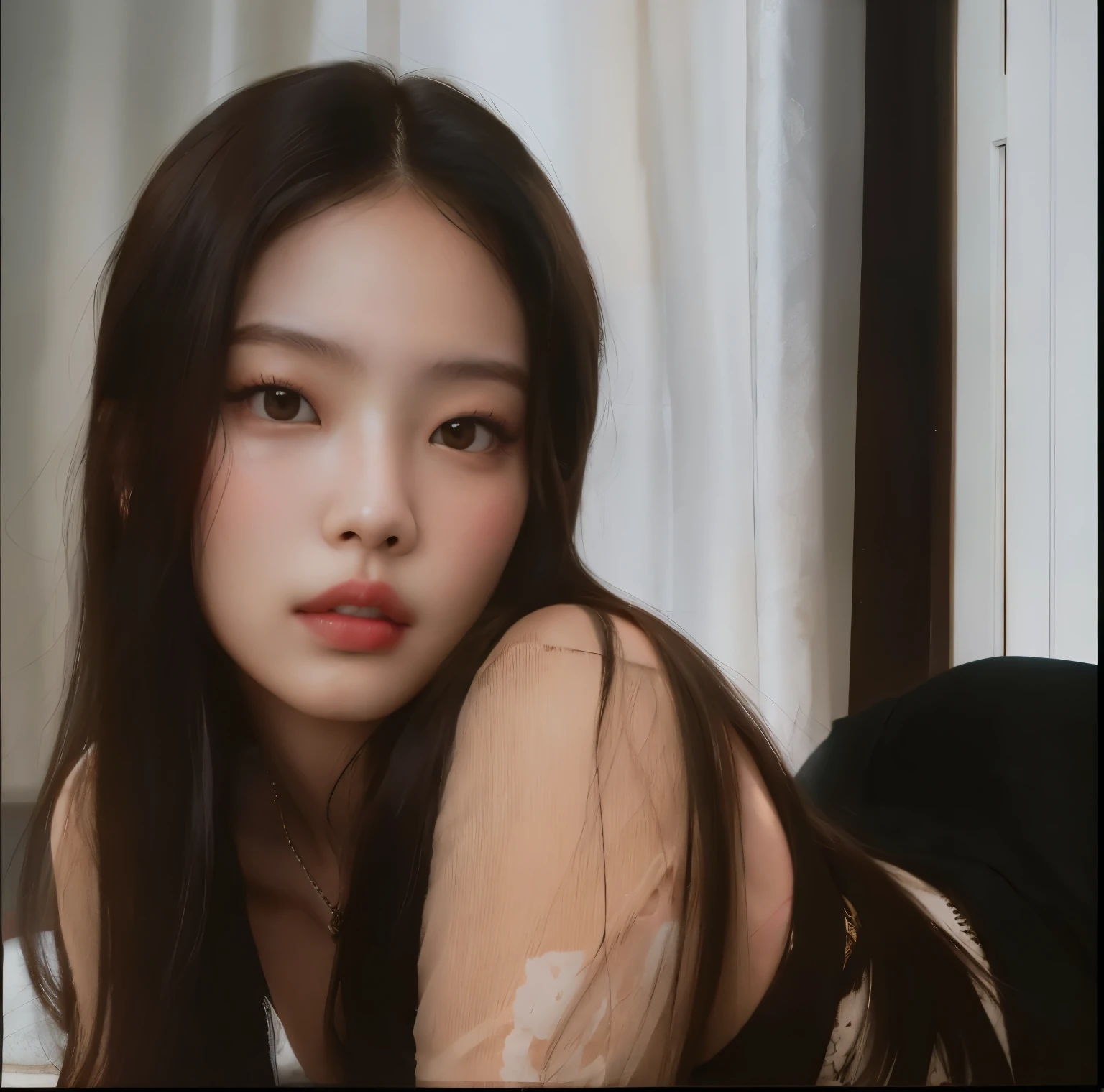 there is a jennie from blackpink who is lying down with her head in her hands, retrato suave shot 8 k, [ Fotorrealismo 4K ]!!, [ Fotorrealismo 4K ]!!!, Arte no estilo de Guweiz, No estilo de arte de Bowater, Realistic. Cheng Yi, realismo artstyle, retrato suave, modelo bonito da menina, Realistic artstyle