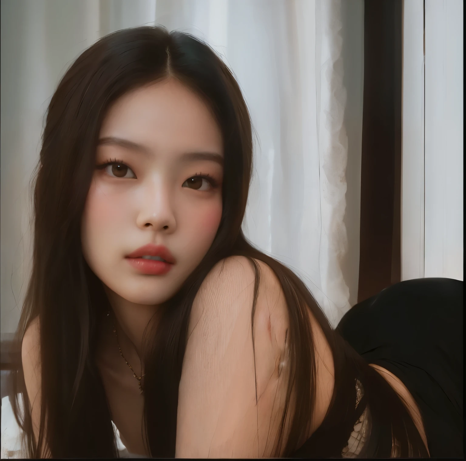 there is a jennie from blackpink who is lying down with her head in her hands, retrato suave shot 8 k, [ Fotorrealismo 4K ]!!, [ Fotorrealismo 4K ]!!!, Arte no estilo de Guweiz, No estilo de arte de Bowater, Realistic. Cheng Yi, realismo artstyle, retrato suave, modelo bonito da menina, Realistic artstyle