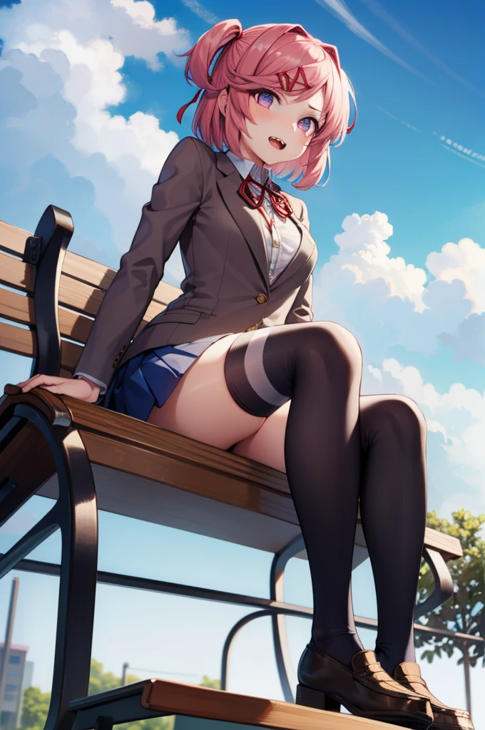 ((full body:1.4)), ddlcnatsuki, ddlcnatsuki, fang, hair ornament, pink hair, (purple eyes:1.1), short hair, short sidetail, swept bangs, x hair ornament, BREAK blazer, blue skirt, brown jacket, collared shirt, jacket, long sleeves, miniskirt, neck ribbon, pleated skirt, red ribbon, ribbon, school uniform, shirt, skirt, swept bangs, vest, white shirt, wing collar, x hair ornament, ((sitting on bench:1.4)), ((outside background:1.4)), ((medium breasts:1.4)), ((Brown loafers:1.4)) BREAK looking at viewer, BREAK indoors, classroom, BREAK (masterpiece:1.2), best quality, high resolution, unity 8k wallpaper, (illustration:0.8), (beautiful detailed eyes:1.6), extremely detailed face, perfect lighting, extremely detailed CG, (perfect hands, perfect anatomy), ((show teeths:1.4)), ((sky from bellow:1.4)), ((view from below:1.4)), ((black thigh highs striped:1.4)),