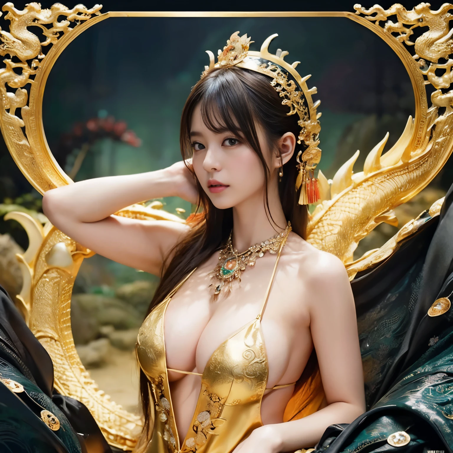 (Heavy breasts)、top-quality、tmasterpiece、超A high resolution、（White ragon armor）、(((Colossal tits))),Dragon armor、(((Detailed micro bikini))),(Wearing a beautiful crown made of jewelry),(Photorealsitic:1.4)、RAW photo、1 rapariga、(((Random hair))、(((Take different positions)))、glowy skin、(((Chinese Dragon)))、Intricate and gorgeous hair accessories、（Gorgeous jewelry necklace）、（enigmatic expression）、（Full-body angle）、（Fight the dragons）、With a beautiful knife、（Yellow metallic bikini）(((Background of the sea))),、(waterfallr)、Precipitous cliffs、(ancient ruins background)、((Super realistic details))、porate、globalillumination、（sexyposture）、black shadows、octan render、（One-eyed scout）、8K、ultrasharp、Colossal tits、Raw skin is exposed in cleavage、metals、Details of complex ornaments、Japan Details、highly intricate detail、Realistic light、CGSoation trendlue eyes、Radiant eyeacing the camera、Tustock、（Full-body angle）、（veils）、