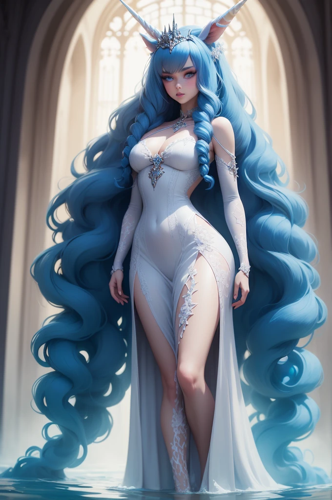 {-erro_de_anatomia:1.0} There is a white unicorn girl, blue mane and long mane, white unicorn, unicorn, unicorn horns, A unicorn, celestia, Nine stories, blue unicorn, soft dreamy, cinematic light《fangs》Unicorn in, mythological creatures, a mythical creature, Pokémon illustration, unicorns, a glaceon princess, Auroracore, ghostly iridescent, image good for rendering, unicorn girl, full body. (whole body, walking on the water.