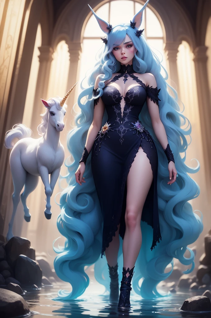 {-erro_de_anatomia:1.0} There is a white unicorn girl, blue mane and long mane, white unicorn, unicorn, unicorn horns, A unicorn, celestia, Nine stories, blue unicorn, soft dreamy, cinematic light《fangs》Unicorn in, mythological creatures, a mythical creature, Pokémon illustration, unicorns, a glaceon princess, Auroracore, ghostly iridescent, image good for rendering, walking on the grass, unicorn girl, full body.