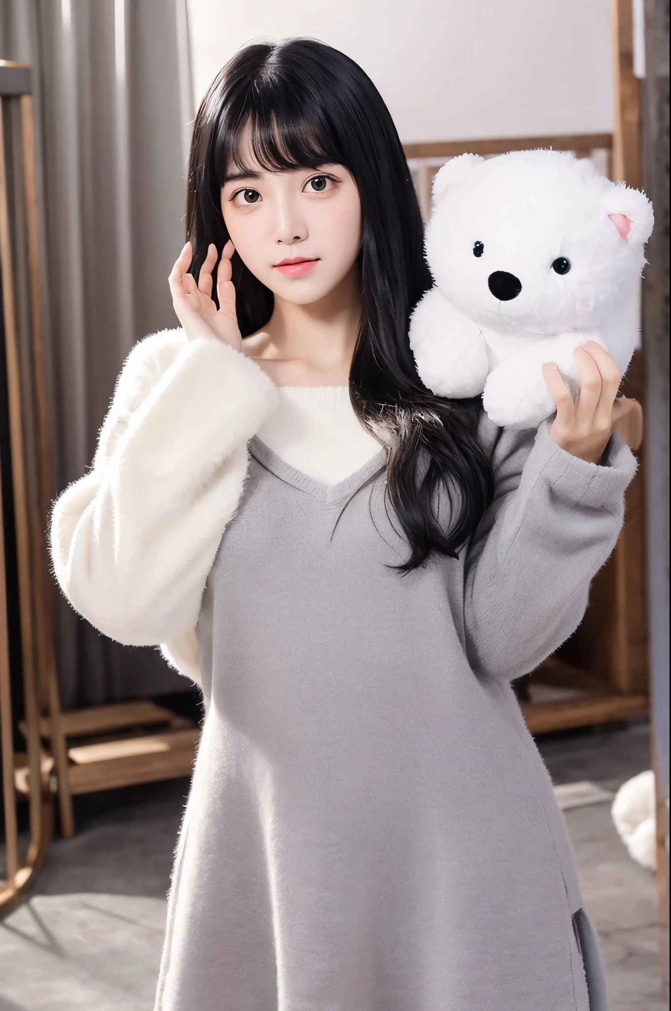 Kdrama scene, pretty girl with black hair and bangs, and grey eyes, posing in a V pose, taking selfie with the white fluffy big plushie