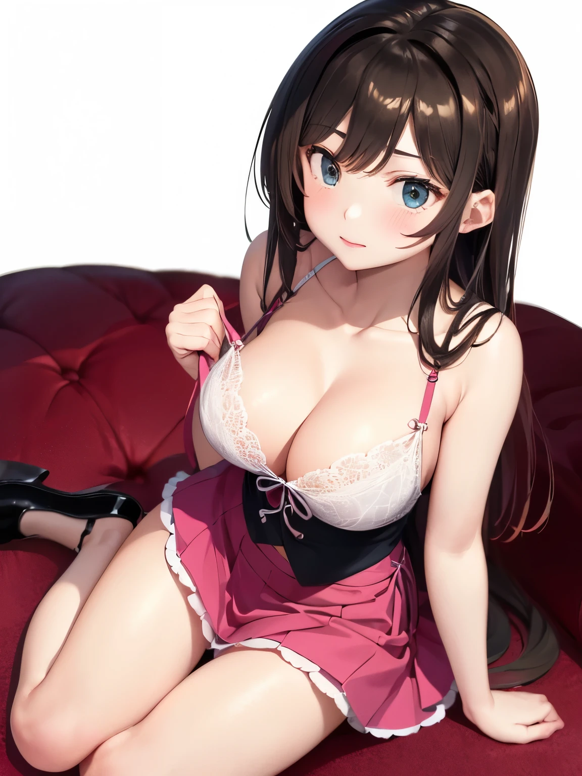 (One lady)、(​masterpiece)、(best qualtiy)、(ultra-detailliert)、(a high chroma)、(CG Illustration)、((Full Angle))、Female, 20 years old、Delicate beautiful face、(red blush)、(Wavy long hair、Dark black hair)、(dishevled hair)、((Shoulder top))、See-through clothes:1.3、((Black stockings))、(Pink Lace Panties)、(Dark blue pleated skirt)、(teats)、breasts of medium size,、((turned around))、(Woman sitting on the floor)、The best lighting、simple background