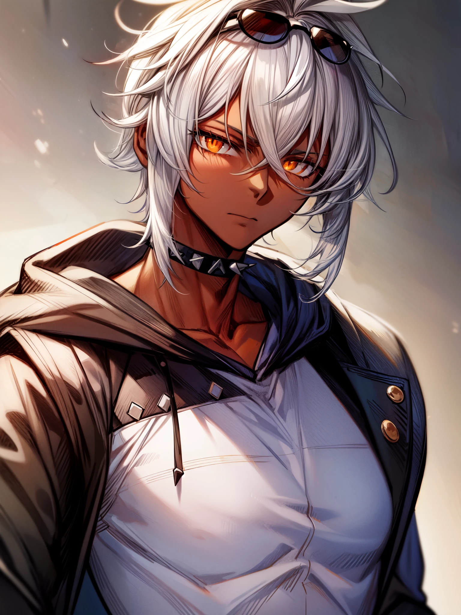 ((eyewear on head)), ((rough expression)), ((dark skin)), ((hoodie)), ((muscular body)), ((mature male)), 1boy, beautifully drawn, high resolution illustration, best quality, High definition, ((detailed anime sketch)), Masterpiece, (solo), absurdres, portrait, ((upper body)), ((close-up)), ((white hair)), ((spiked hair)), detailed background, fine detail, male focus, HDR, ((short hair)), ((orange eyes)),
