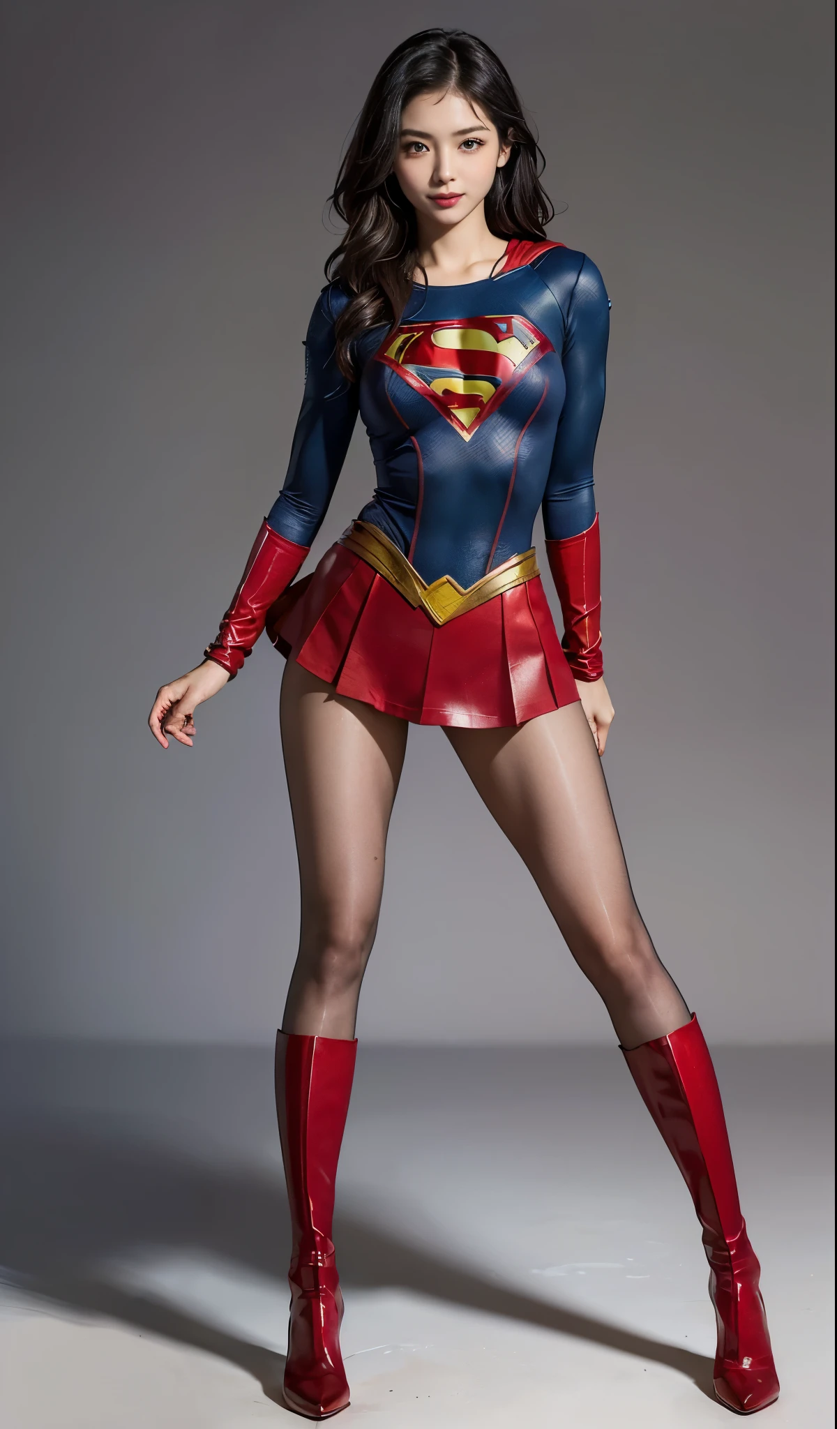 Are sleeping、lying back on、(((Wear black tights on your beautiful legs.)))、(((Grow legs、tall、Legally express the beauty of your smile)))、((((Make the most of the original image)))、(((Supergirl Costume)))、(((beautiful hairl)))、(((Suffering)))、(((Feet must necessarily be worn with black tights)))、(((You need to wear red boots)))、((Top image quality、8K))、((top-quality、8K、masterpiece:1.3))、(((Keep Background )))、Crisp focus:1.2、Beautiful woman with perfect body shape:1.4、Slender Abs:1.2、a wet body:1.5、Highly detailed facial and skin texture、8K