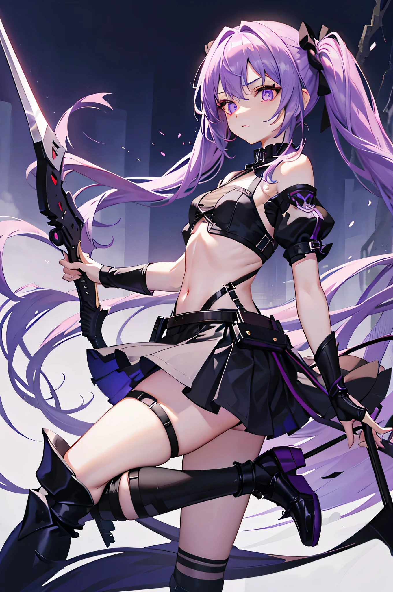 1 girl, Solo, Short Girl, Lolita, Highly detailed purple hair with purple tips, crystal hair, back twin tails, 美しい深いgreen grassい目, cross-shaped pupils, Eyes oozing red mist, Glowing eyes, Small breasts, intricate black、green grass、gray crop_There is a thread on the top, wears armored arms, thread costume, Mini skirt, black crown on head, Short black socks, has a weapon like a bow, fantasy style brown shoes, Intensive manifestation, aim with a weapon, Side view, Forest in the background