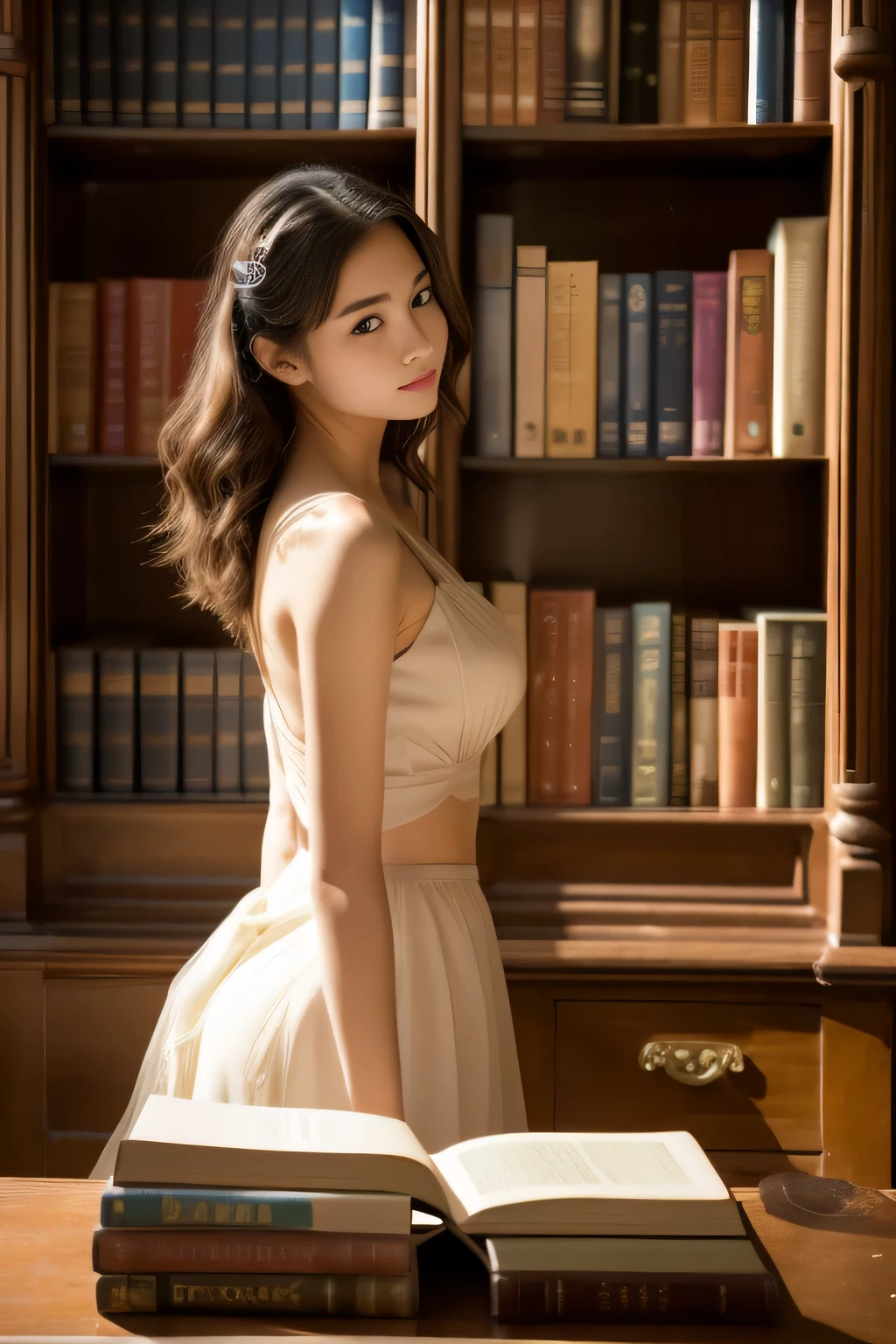 (Best Quality,8k,Absolutely beautiful:1.2),(beautiful and lifelike、Beautiful realistic woman),Model Costumes、Perfect body、Beautiful skin、study、Beautiful limbs、gravure、Universal beauty、View of the valley、bookcase、book library、book collection、Professional filming、artistic、Serene、book libraryの女、Mystical、