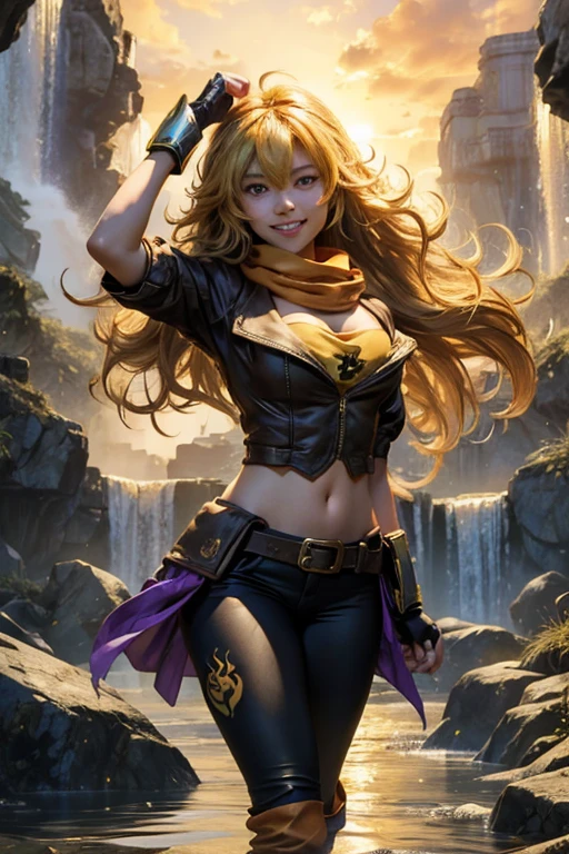 (masterpiece, best quality:1.2), cowboy shot, solo, 1girl, yang xiao long, grin, ahoge, purple eyes, yellow tube top, yoga pants, boots, black fingerless gloves, orange scarf, midriff, cleavage, large breasts, standing near waterfall