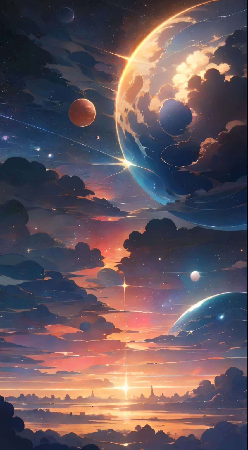 anime - style scene of a beautiful sky with a star and a planet, cosmic skies. by makoto shinkai, anime art wallpaper 4k, anime art wallpaper 4 k, anime art wallpaper 8 k, anime wallpaper 4k, anime wallpaper 4 k, 4k anime wallpaper, anime sky, amazing wallpaper, anime background, heaven planet in background, anime background art