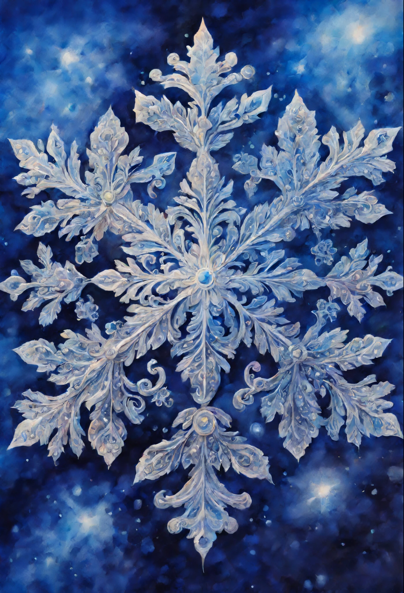 closeup of a sparkling snowflake, with lights and jewels and swirls, hyper-realistic details, intricate details, ornate details, ornate opalescent hues, surrounded by an iridescent mist, highly detailed watercolor, deep blue sparkling image, cinematic, light fantasy
