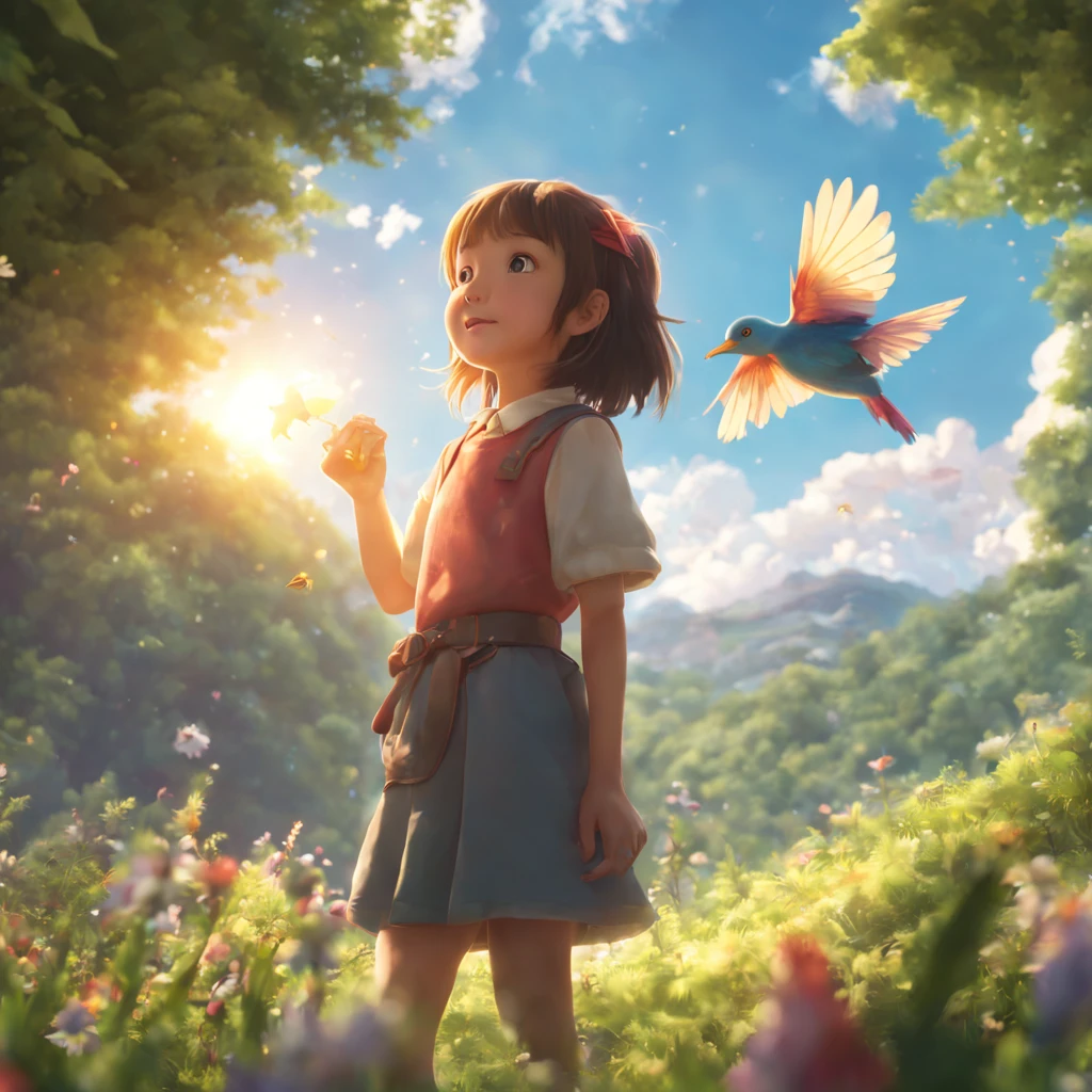 wide shot view, cinematic ,spectacular , 8k ,hi res , studio Ghibli style ,anime , young girl ,smiling ,playing with colored bird ,beautiful sky ,firefly's ,sun flare ,fantasy landscape in back ground light clouds.