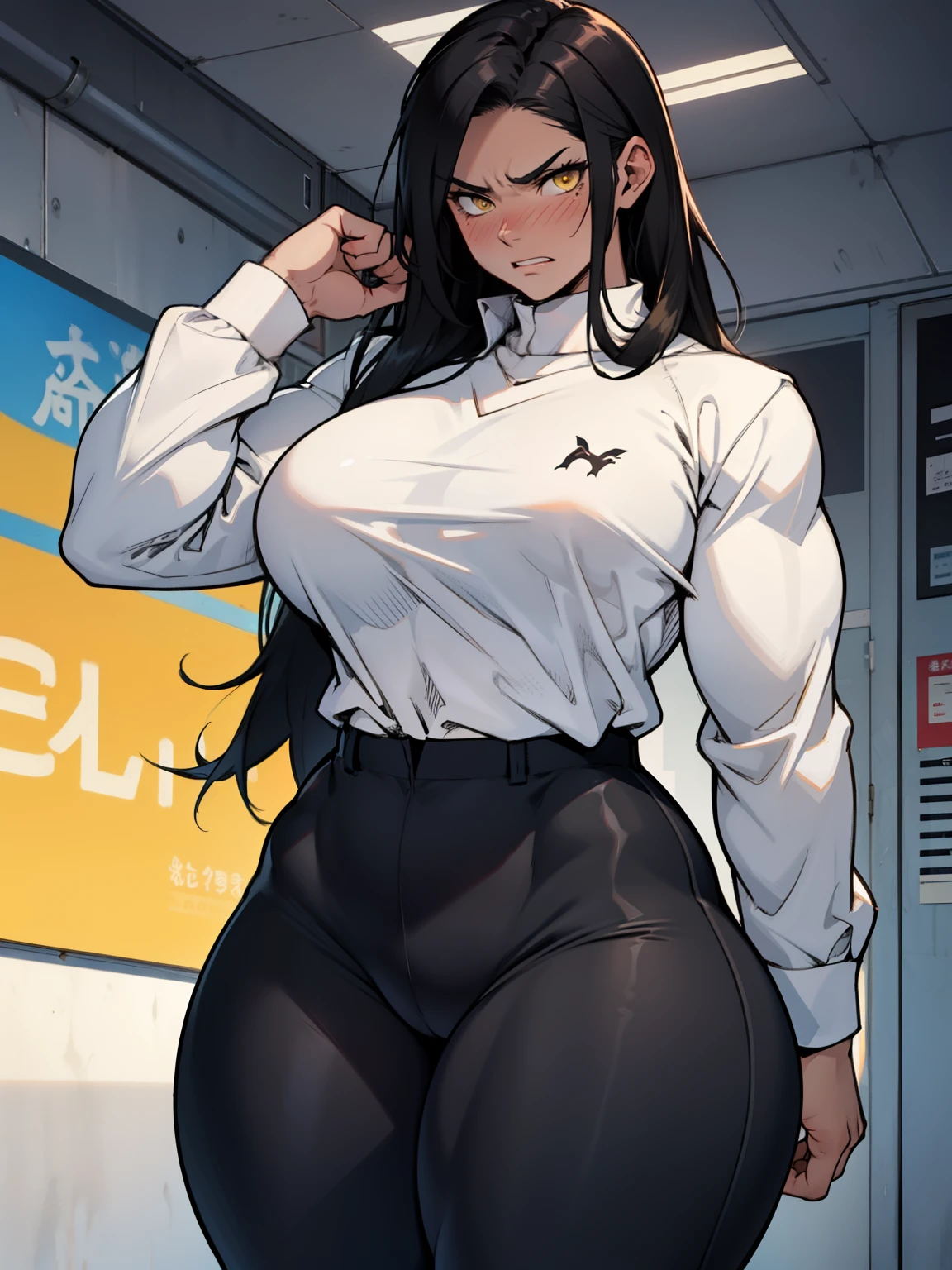 1girl muscular muscular muscular muscular toned body huge muscles thick thighs thick thick thick solo black hair yellow eyes very long hair pale skin angry blushing girl tight shirt long sleeve