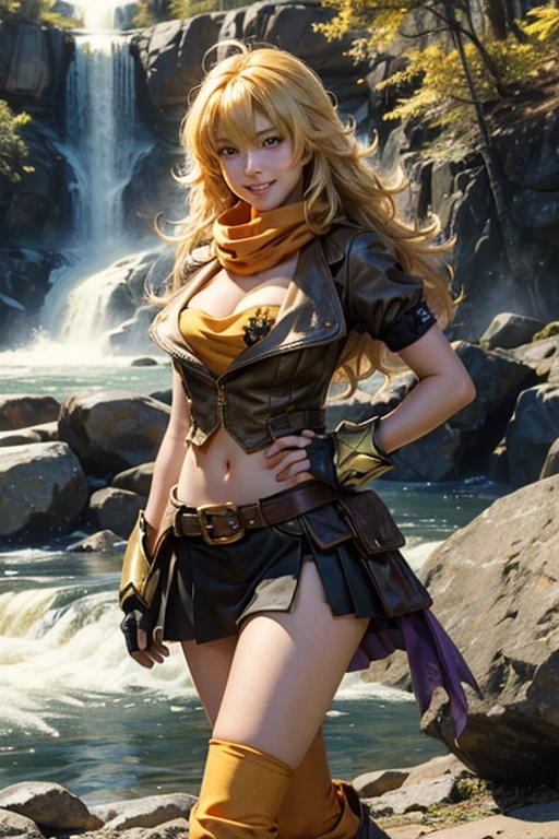 (masterpiece, best quality:1.2), cowboy shot, solo, 1girl, yang xiao long, grin, ahoge, purple eyes, yellow tube top, skirt, boots, black fingerless gloves, orange scarf, midriff, cleavage, large breasts, standing near waterfall
