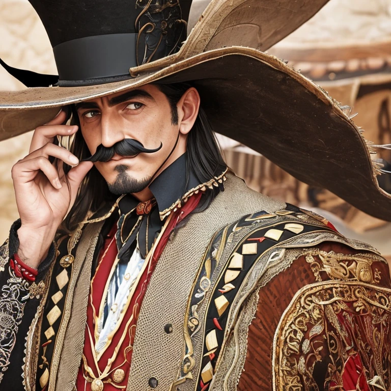 Man dressed as a Spanish bullfighter. He tilted his head forward a little.. Long horizontal black thin mustache. Salvador Dali. Large hat with wide, stiff brim. The crown and top of the hat are the body and dial of the watch. We see an old scratched dial and rusty hands.