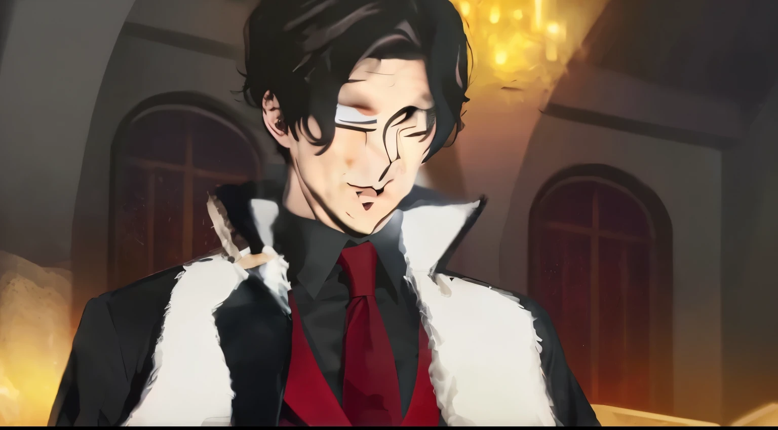 benedict cumberbatch; red eyes; dark hair; black shirt; red tie; black coat