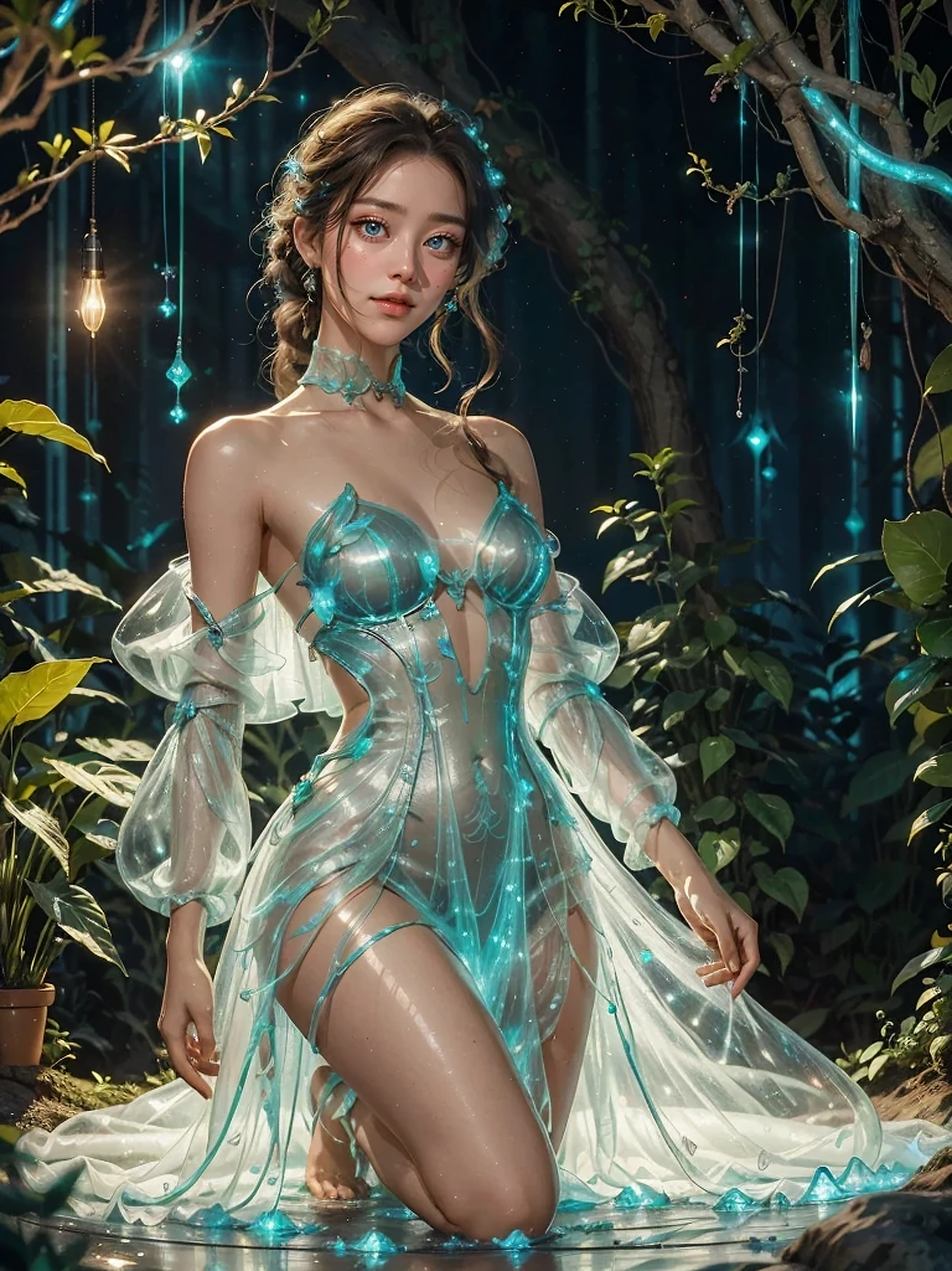 best quality, 8k, UHD, highres, masterpiece, ultra-detailed, realistic, photorealistic, photo-realistic, portrait, 1woman, long hair, braid, luminous plants, magical plants