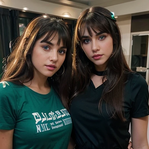 Teenage white Palestinian girl with long brown hair and bangs and green eyes wearing a black dress with short sleeves with her Mom with long brown hair and green eyes wearing makeup and eye liner and eye shadow and blue lipstick wearing a blue Tshirt with short sleeves on plane