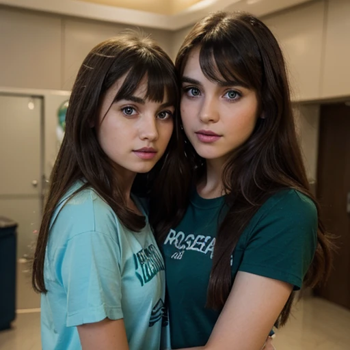 Teenage white Palestinian girl with long brown hair and bangs and green eyes wearing a black dress with short sleeves with her Mom with long brown hair and green eyes wearing makeup and eye liner and eye shadow and blue lipstick wearing a blue Tshirt with short sleeves on plane