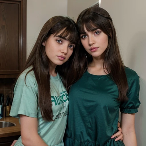 Teenage white Palestinian girl with long brown hair and bangs and green eyes wearing a black dress with short sleeves with her Mom with long brown hair and green eyes wearing makeup and eye liner and eye shadow and blue lipstick wearing a blue Tshirt with short sleeves on plane