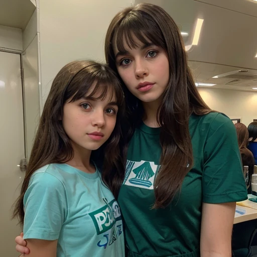 Teenage white Palestinian girl with long brown hair and bangs and green eyes wearing a black dress with short sleeves with her Mom with long brown hair and green eyes wearing makeup and eye liner and eye shadow and blue lipstick wearing a blue Tshirt with short sleeves on plane