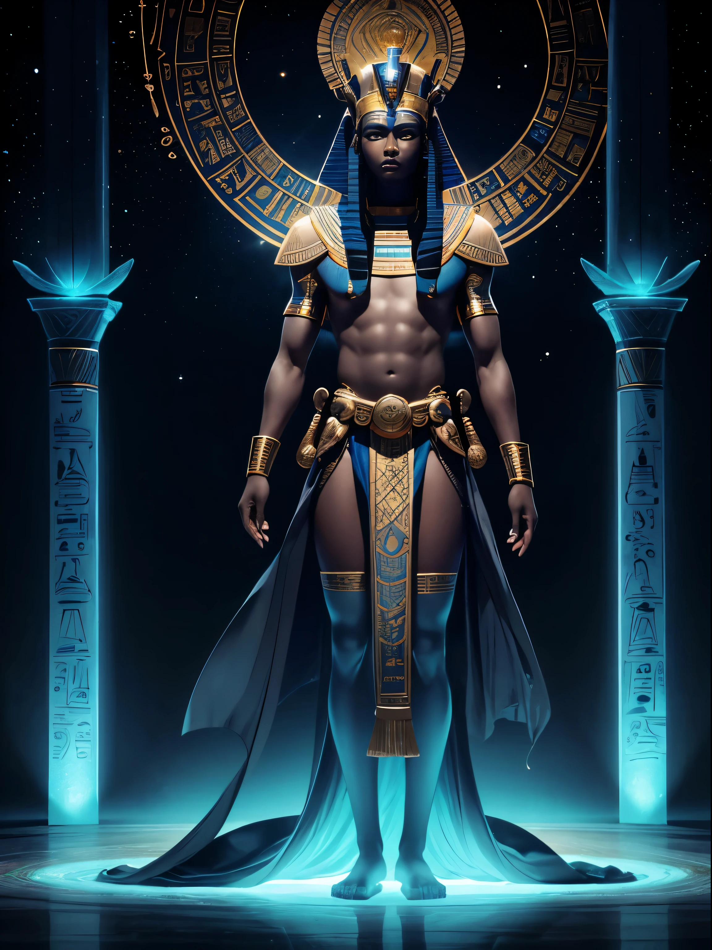 Create an evocative description of Osiris, the ancient Egyptian god, as he stands tall amidst the celestial realm, adorned in regal attire, with his skin reflecting the deep hues of the Nile, and a solemn gaze that holds the wisdom of the ages, full HD, ultra detail