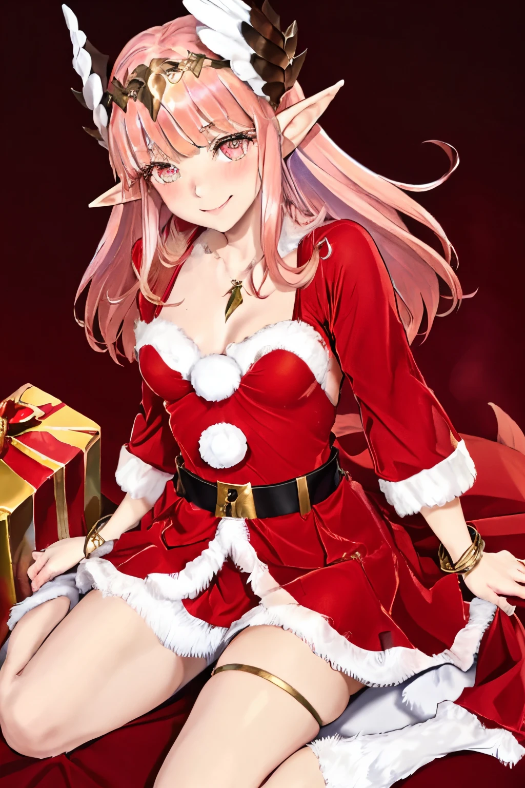 {Circe_FGO:1.15}, pointed_Ears, Pink_hair, Head_Wings, Wings, fringe, feathered_Wings, Long_hair, jewel, smile, small breasts, , blush, small_breasts, multicolored_eye, 1girl, bracelet, looking_at_viewer, , tiara,santa klaus costume, red santa claus hat, santa klaus outfits, christmas outfit, sey clothes, red christmas clothes, in the space, presents in background, best quality, master piece, Tall, alone,