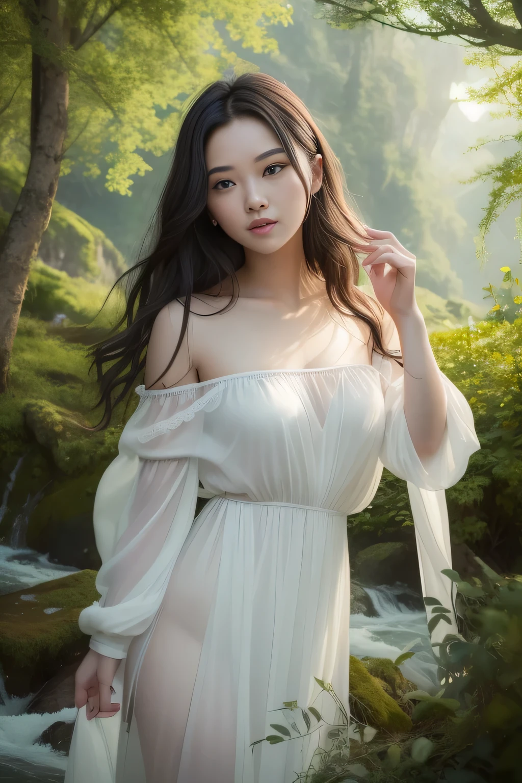 (​masterpiece、high-level image quality、hightquality)、(Mystical scene:1.5、Nature&#39;hymn of:1.4、natural mountain of wood,mountain stream)、femele、modeled、Good looks、Perfect、sad、Black hair swaying in the wind、transparent silk garment、suns、Wild Birel T、