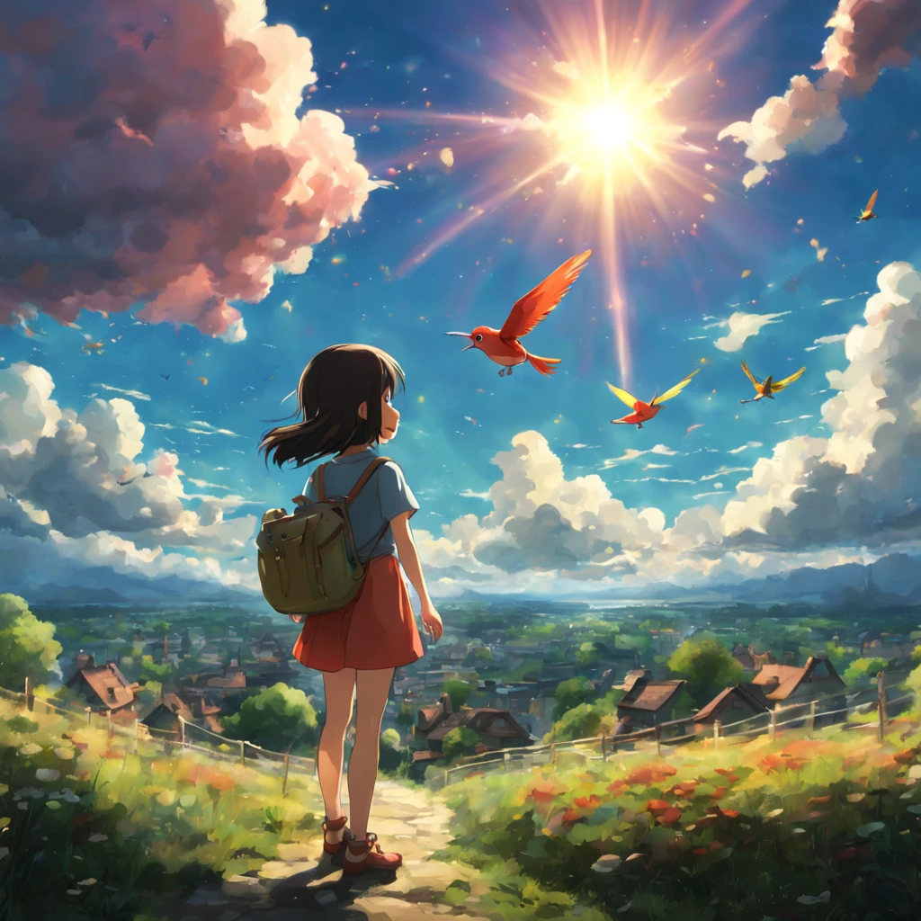 wide shot view, cinematic ,spectacular , 8k ,hi res , studio Ghibli style ,anime , young girl ,smiling ,playing with colored bird ,beautiful sky ,firefly's ,sun flare ,fantasy landscape in back ground light clouds.