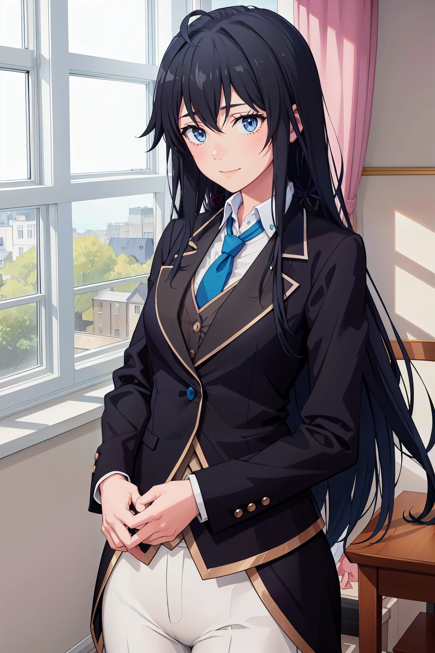 Yukinoshita yukino ,woman in formal attractive tailcoat standing in a large alcove in the room , 1girl, solo, blue necktie, black hair, blue eyes, long hair, smile , collared shirt, white pants, white shirt , tailored tailcoat elegant , standing in front of a window ,tailcoat tailored to perfection. Featuring striking Victorian theme and crafted from the lustrous fabric