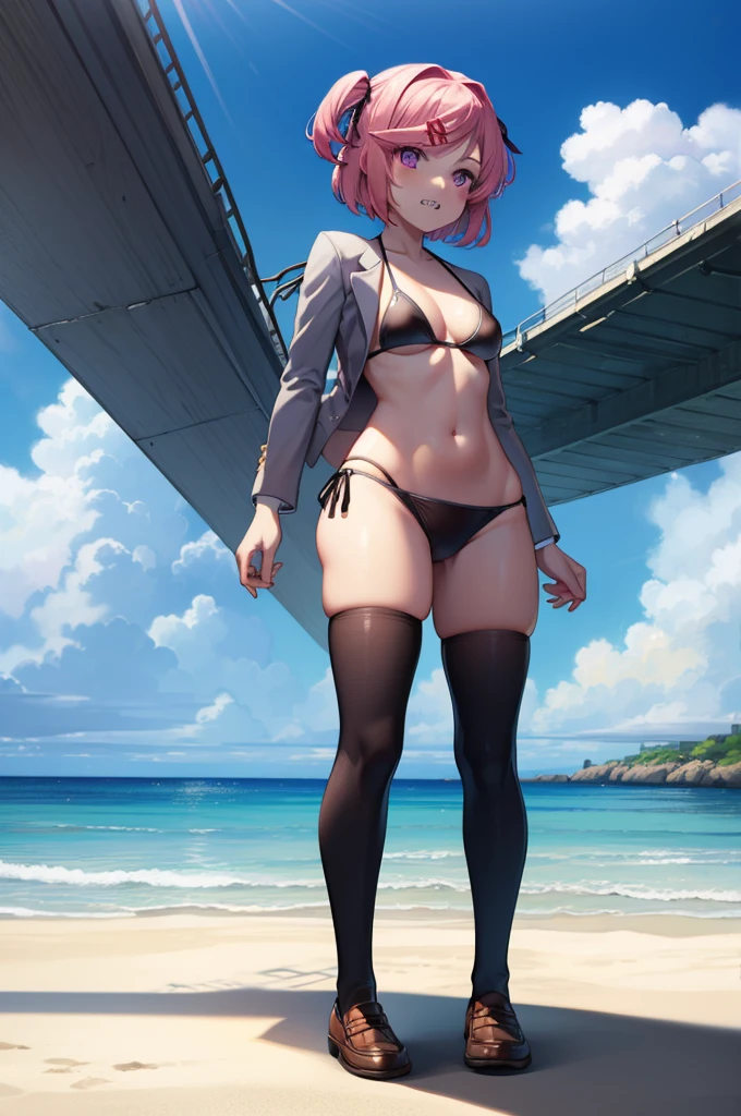 ((full body:1.4)), ddlcnatsuki, ddlcnatsuki, fang, hair ornament, pink hair, (purple eyes:1.1), short hair, short sidetail, swept bangs, x hair ornament, BREAK blazer, blue skirt,((black bikini:1.4)), x hair ornament, ((standing:1.4)), ((beach background:1.4)), ((medium breasts:1.4)), ((Brown loafers:1.4)) BREAK looking at viewer, BREAK indoors, classroom, BREAK (masterpiece:1.2), best quality, high resolution, unity 8k wallpaper, (illustration:0.8), (beautiful detailed eyes:1.6), extremely detailed face, perfect lighting, extremely detailed CG, (perfect hands, perfect anatomy), ((show teeths:1.4)), ((sky from bellow:1.4)), ((view from below:1.4)), ((black thighhighs:1.4)),
