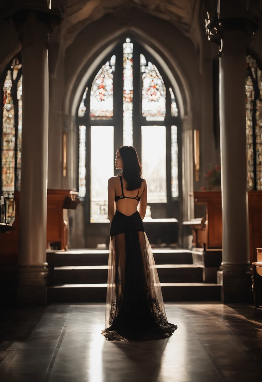 Chinese beauty,Dress revealingly、Sexy clothes。Shoulder strap bra,Huge tits filled with milk,Black lace transparent thong,long legs and feet,Tie to the cross,look of anguish,Background church 8K HD