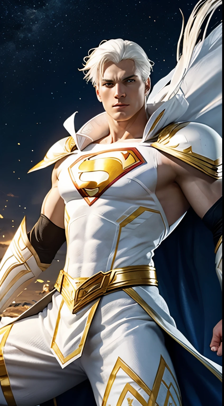 A white-haired warrior man with yellow eyes wearing white and gold Superman armor