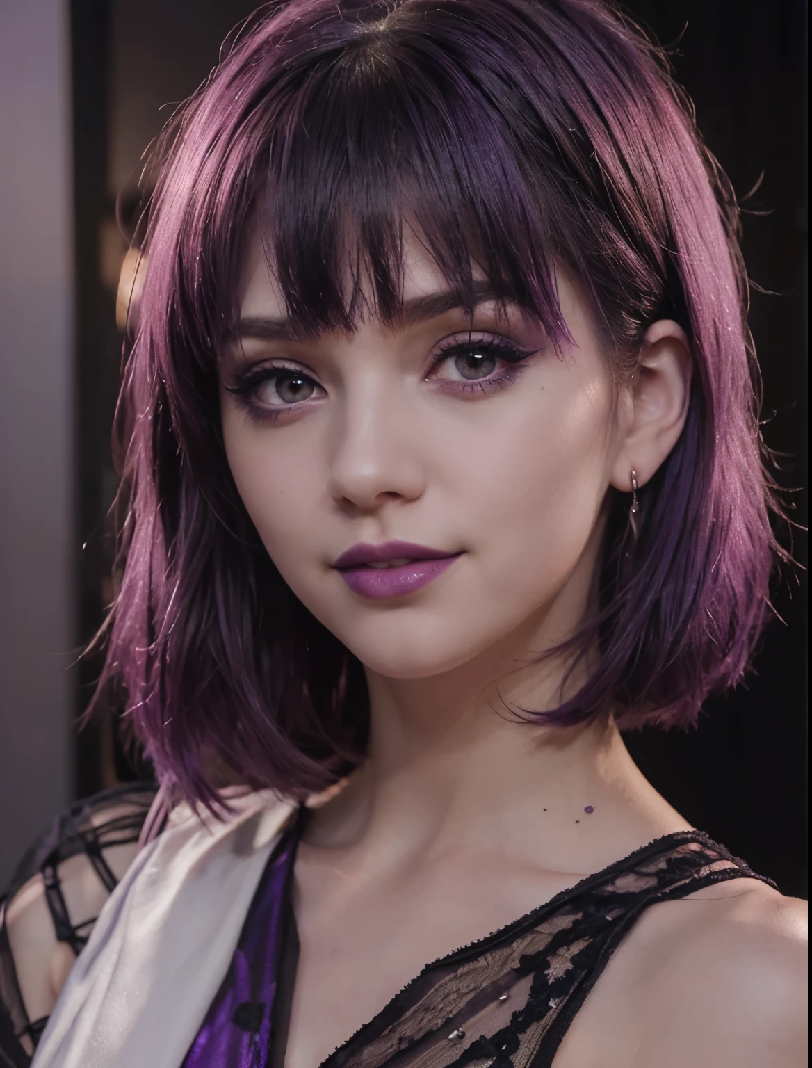 Pale skin, emo girl, purple lip stick, purple lips, short purple hair, purple bangs, purple eyeshadow makeup, smiling, wearing black dress, buetifull, gorgeous face,