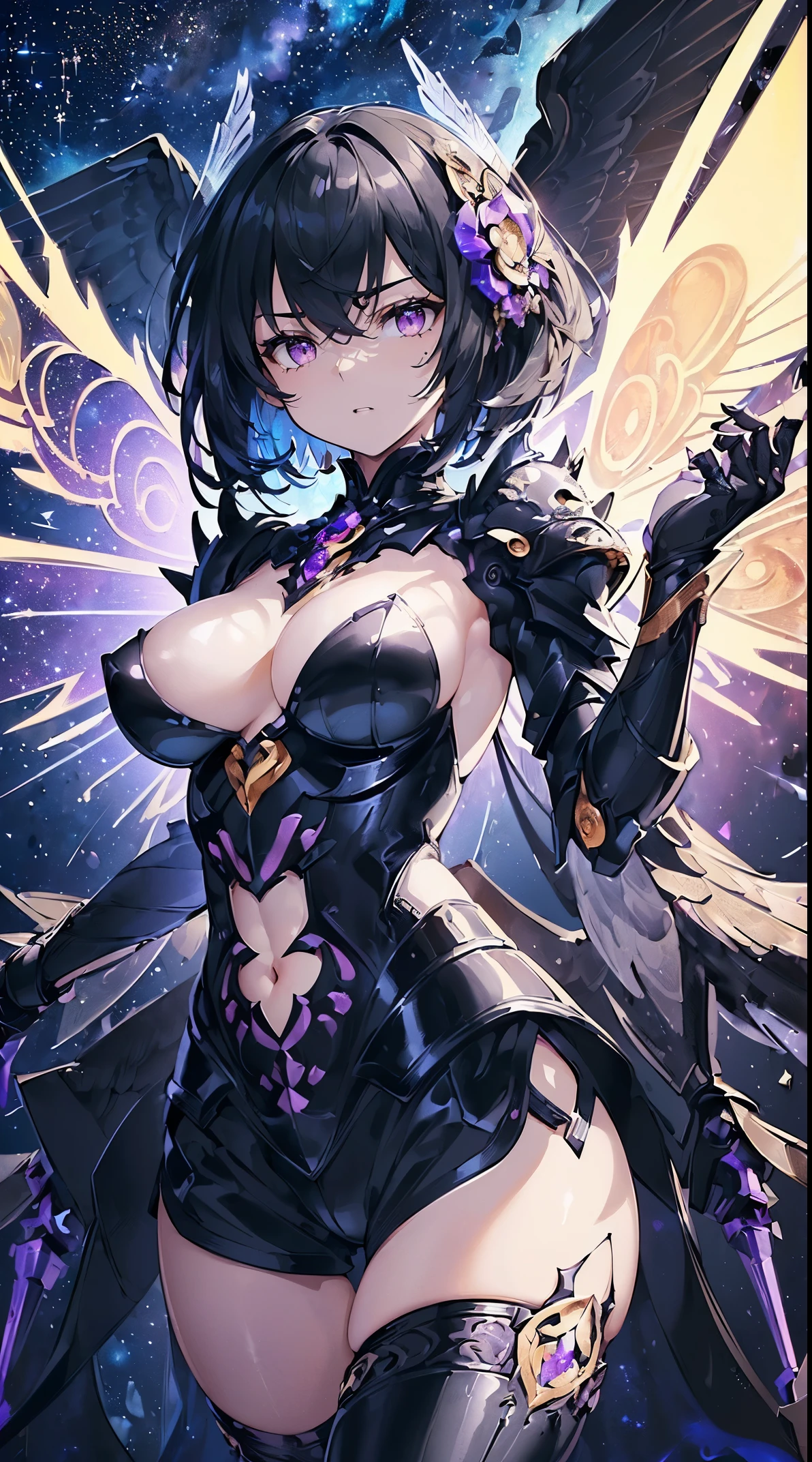(((masterpiece))), (((highest quality))), ((ultra-detailed)), ((super fine illustration)), ((ultra-fine painting)), (Highly detailed and delicate illustration style:1.8), detailed skin texture, detailed metal texture, extreme detailed description, (T-masterpiece), original, raw photo, professional, Intricate details, super details, intricate ornament details, (16-years-old), (american shot:1.6), real, (Solo), (Beautiful girl marshal dressed as a mechanical angel) BRAKE (Beautifully shaped small breasts), (Beautifully shaped small buttocks), (Beautiful shiny black short hair:1.6), (highly detailed black short hair:1.2), (beautiful clear purple eyes:1.6), (highly detailed purple clear eyes:1.2), (highly detailed face:1.2), (Perfect, very detailed and beautiful hands:1.2), (Perfect, very detailed and beautiful fingers:1.2), (Perfect, highly detailed and beautiful fingertips:1.2), (perfect anatomy:1.2) BRAKE ((sophisticated mechanism:1.6))Smooth and menacing design, (Highly detailed large black symmetrical mechanical wings:1.4)Smooth and menacing design, (highly detailed large black symmetrical wings:1.2), (A highly detailed black mechanical armor fully equipped with multi-purpose firearms exclusively for the Girl Marshal:1.3), (Symmetrical Wings:1.6) BRAKE concept-art, cyber-punk, (Detailed Science Fantasy Art:1.2), (Battle Pose), (Highly detailed attack pose) BRAKE (Different world:1.1), no robot, (16K highest quality wallpaper:1.4), (Highly detailed and delicate starry sky background:1.4) BRAKE sexy, NSFW BRAKE