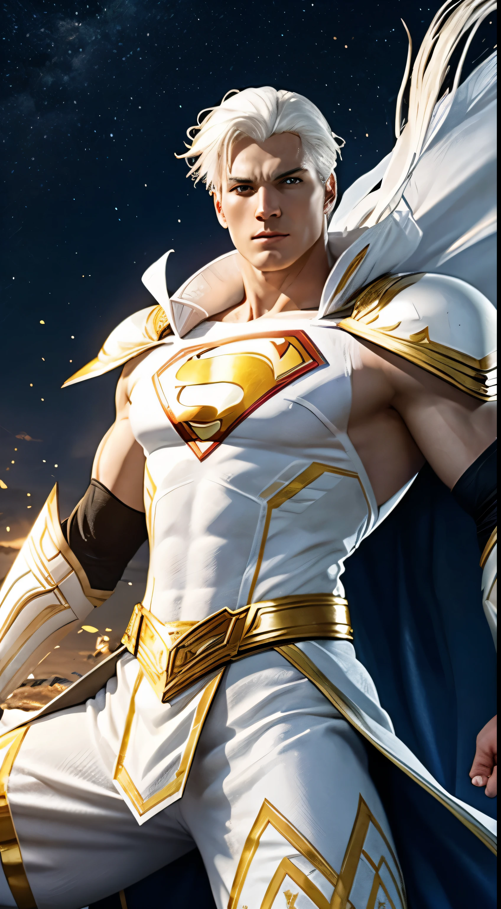 Um guerreiro de cabelos brancos e olhos amarelos vestindo uma armadura de Superman branca e dourada