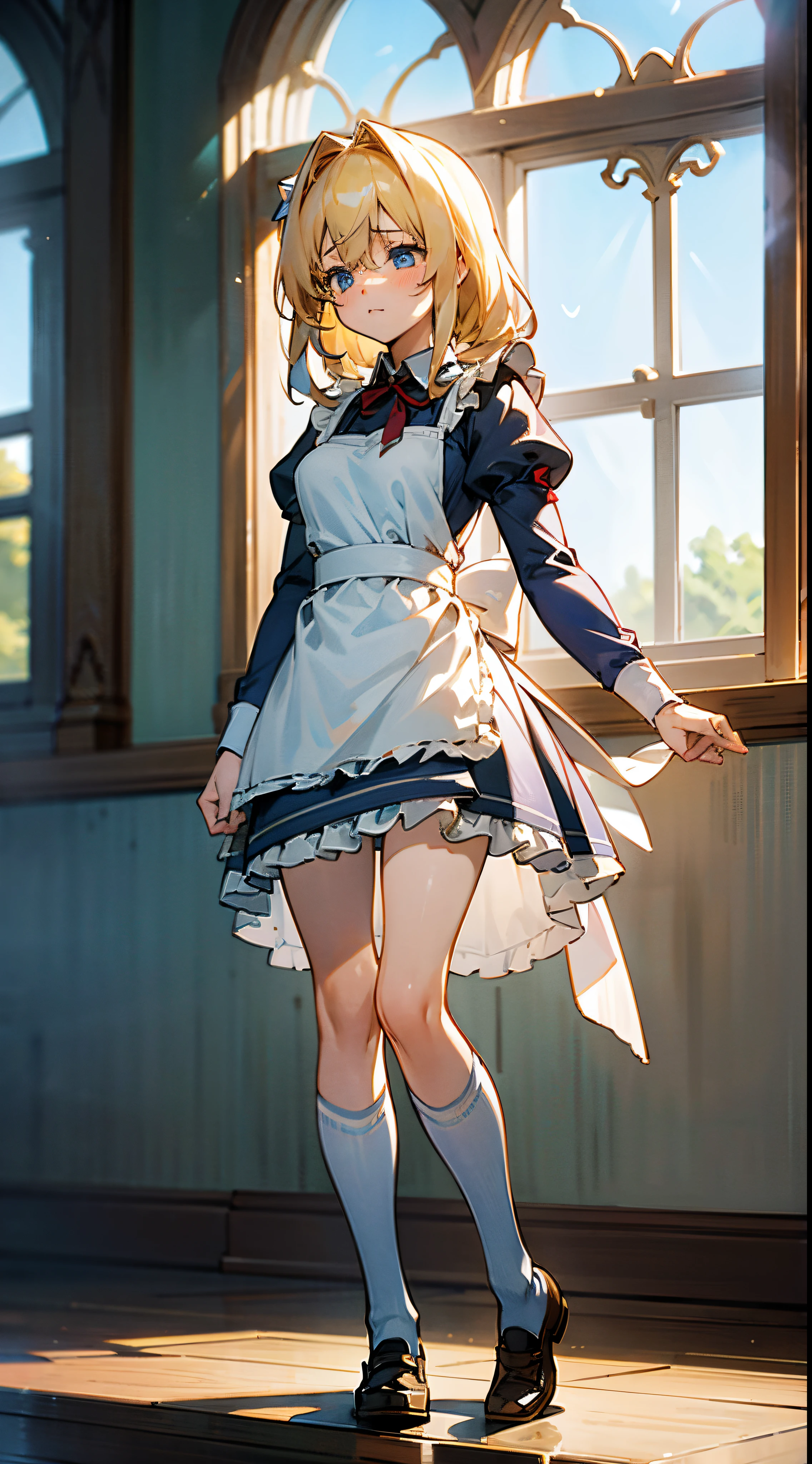 anime styled, The ultra -The high-definition, alice in the wonderland, Super cute girl, a blond, long, shame, peeが出てしまって恥ずかしくて泣きそうな顔, light blue fluttering short dress, frilldの付いた白いエプロンスカートを重ねる, frilld, B-cup breast, Light blue fluttering mini skirt, 靴下はつま先から太ももの真ん中までのlongめの白いニーハイソックスです。., and draw the full body, Inside an old Western-style building, absurd worldview, A window that lets in bright sunlight, Her clothes are a little disarrayed and her breasts are exposed.., pee, お漏らししてpeeが股から出て太ももを伝ってチョロチョロと細く流れている, free pose