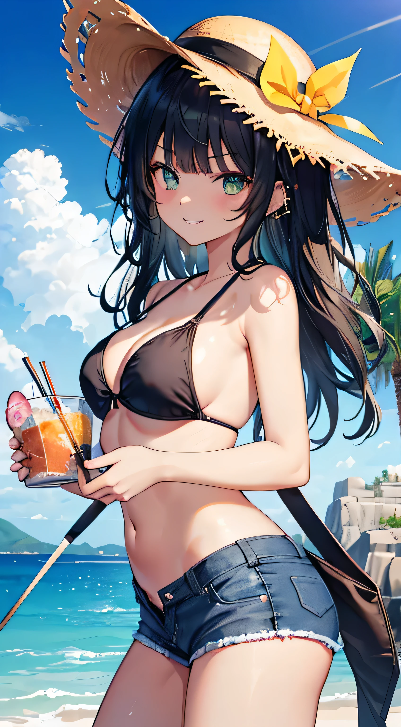 (8K、Top image quality、top-quality、masterpiece)、A detailed face、1 girl in、Black longhair、blunt bangs、Green eyes、piercingrown skin))、((skin tanned))、Grinning、very Bigger breastig straw hat、Black Bikini、denim short shorts、cowboy shot、blue open sky、seaside backgroud