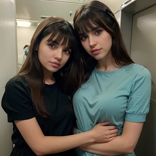 age White Palestinian girl with long brown hair and bangs and green eyes wearing a black dress with short sleeves in an airplane bathroom with her mom with long brown hair and green eyes wearing makeup and eye liner and eye shadow and blue lipstick and wearing a blue shirt with short sleeves