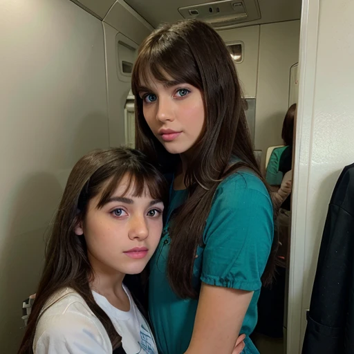 Teenage White Palestinian girl with long brown hair and bangs and green eyes wearing a black dress with short sleeves in an airplane bathroom with her mom with long brown hair and green eyes wearing makeup and eye liner and eye shadow and blue lipstick and wearing a blue shirt with short sleeves