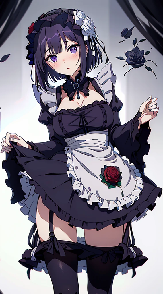 (((Young White Woman))), ((Best Quality)), ((Masterpiece)), (Detail: 1.4), 3D,MarinLora, blush, short hair, black hair, hair ornament, thighhighs, long sleeves, dress, purple eyes, purple hair, flower, pantyhose, hairband, frills, hair flower, wide sleeves, apron, black dress, , rose, floral print, lace, ****ta fashion, gothic ****ta (((hair flower, wide sleeves, apron, black dress, , rose, floral print, lace, ****ta fashion, gothic ****ta))), pastel, Centered, scale to fit the dimensions, nffsw (High dynamic range),Ray tracing,NVIDIA RTX,Hyper-Resolution,Unreal 5,Subsurface Dispersion, PBR Texture, Post-processing, Anisotropy Filtering, depth of fields, Maximum clarity and sharpness, Multilayer textures, Albedo and specular maps, Surface Shading, accurate simulation of light and material interactions, Perfect proportions, Octane Render, Two-tone lighting, Wide aperture, Low ISO, White Balance, thirds rule, 8K Raw, Crysisnanosuit,loraeyes,nijistyle,pantyhose, freckles, nsfw, sexual pose ,High detailed, 300dpi, pornstar, ((((white background))), (((sexy pose))), (((flirt)))